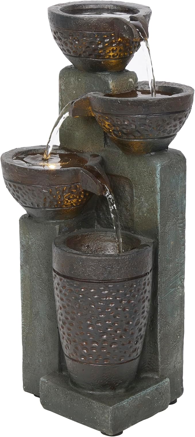 Alpine Corporation TZL412 14" Stoned Jar Cascading Water Fountain with LED Lights – Elegant Tabletop Water Feature for Home, Office, Living Room, Bedroom, and Desk Décor, Gray