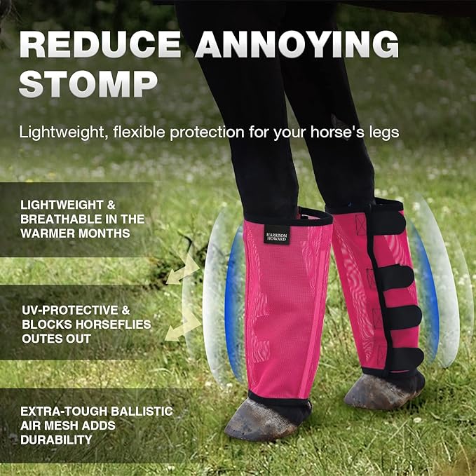 Harrison Howard Loose Fitting Fly Boots UV-Protective Extra Tough Mesh Ventilated Four Fasteners Stay-on Design Protect Horse Legs & Stomp-Reducing Set of 4 Magenta Yearling