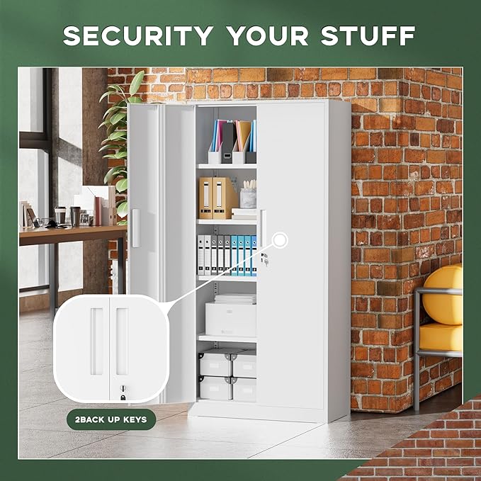 Greenvelly White Metal Storage Cabinet for Garage, 72” Steel Locking Cabinet with Doors and 4 Shelves, Tall Tool Organizer for Garage Systems Lockable File Storage for Home Office, Classroom