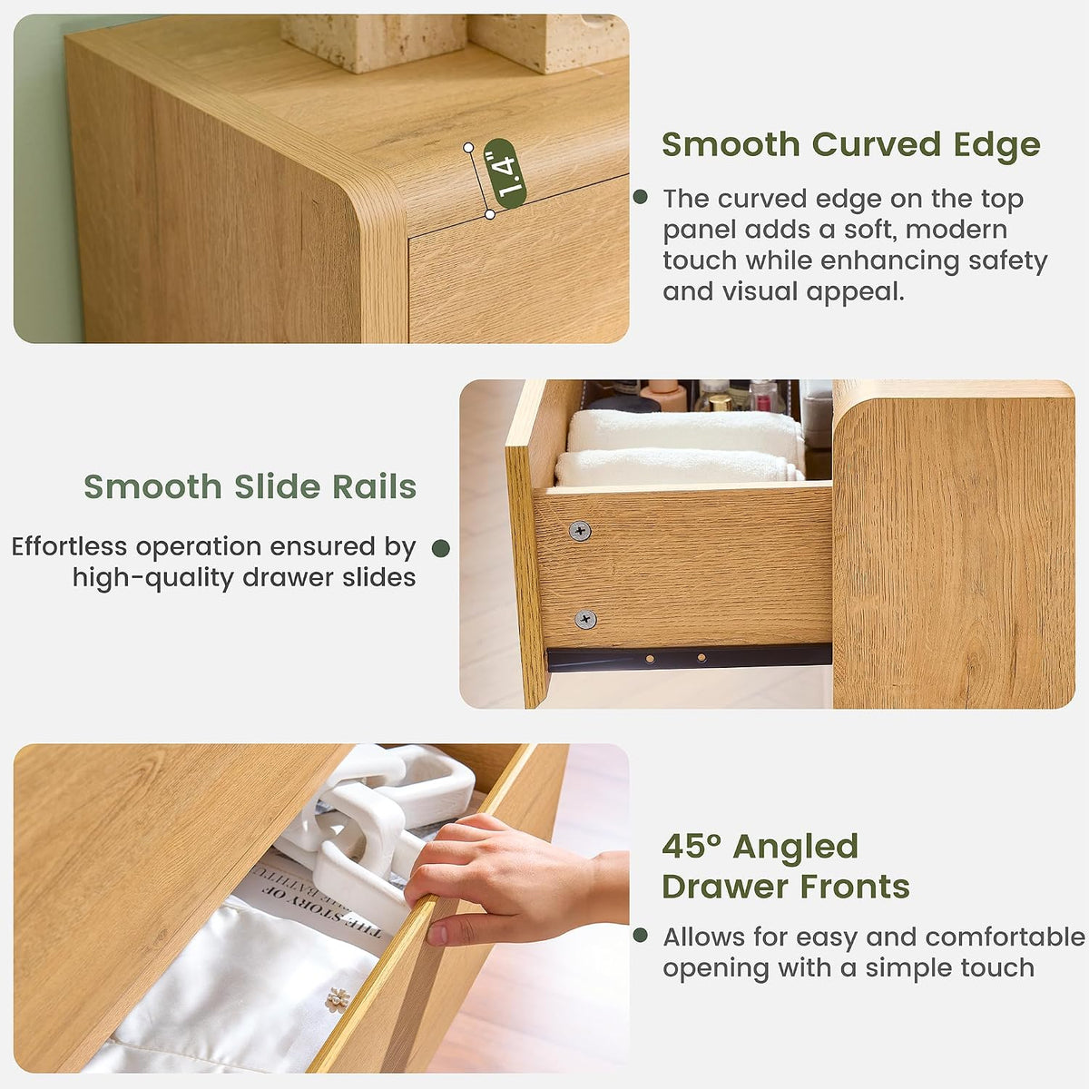 Modern 9 Drawers Dresser for Bedroom, 63” Wide Large Dressers & Chest of Drawers, Front Rounded Corner Handleless Design, Storage Dressers Organizer for Hallway, Living Room, Natural Color