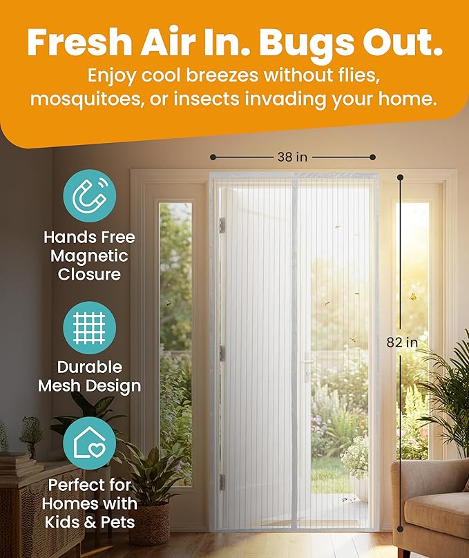 Flux Phenom Magnetic Screen Door Mesh 38x82 Inch – Easy Install, Strong Magnet Strength, Self-Sealing Mesh, Pet Tested, Hands-Free Entry, Doors Screen Magnetic Closure, Keeps Bugs Out - Gray