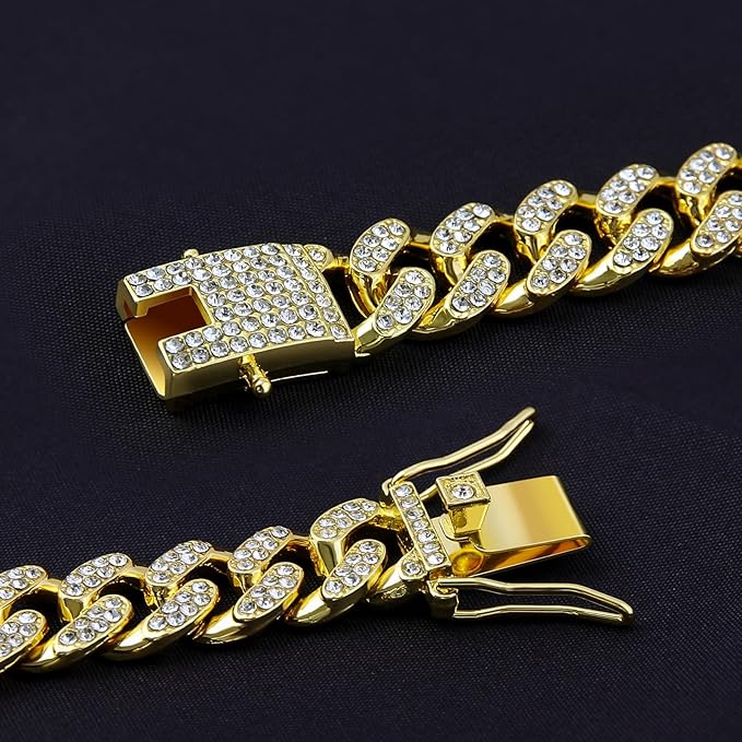 Dog Chain Designer Gold Crystal Pet Collar Cuban Link Chain with Secure Buckle Luxury Adjustable Necklacefor Small Medium Large Dogs Cats(Glod 16inch)