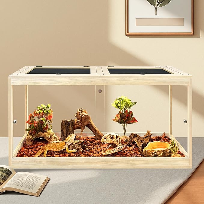 Prolee Tempered Glass Bearded Dragon Tank 37 Gallon, Lizard Tank, Reptile Tank with Metal Mesh Roof Door, Snake Tank with Lock Design, 32" Long, Oak