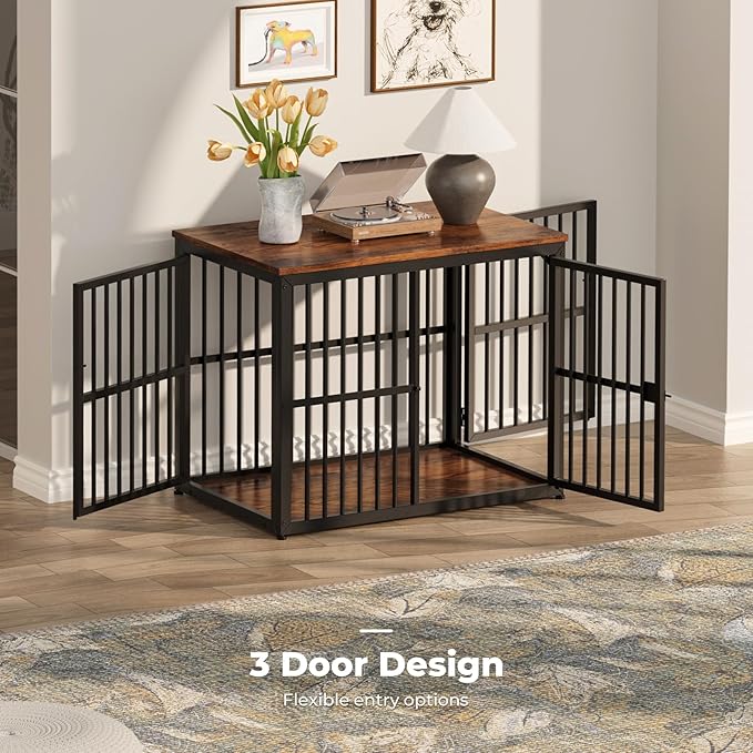 Lyromix 33'' Dog Crate Furniture with 3 Doors,Wooden Crate End Table Heavy Duty Indoor Puppy Cage for Small to Medium Dogs, Multiple Units Can be Combined, Rustic Brown