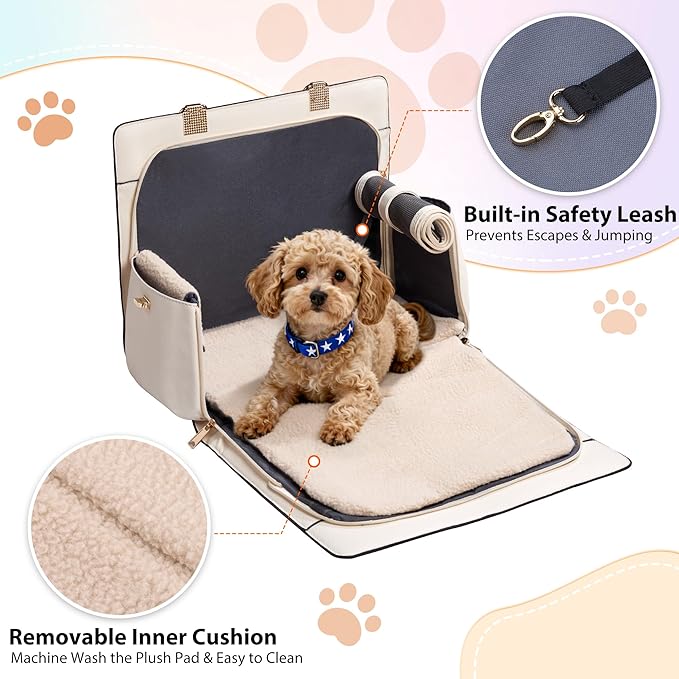 Dog Purse Carrier for Small Dogs, Stylish Foldable Pet Carrier Purse Tote Bag with Washable Cushion & Safety Leash, Airline Approved Puppy Travel Bag with Pockets (White)