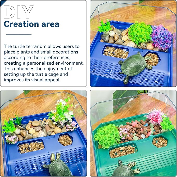 Aquatic Turtle Tank Habitat Kit Stone+Filter+Heat Lamp Enhancing Interaction with 360° Viewing, Standalone Filtration, DIY Creative Zone, Enriched Living (Blue, Medium[with Light])