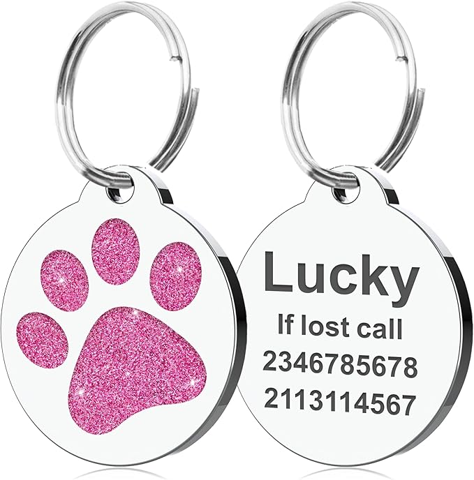 Dog Tags Personalized for Pets Dog Name Tags Personalized Dog Tag Engraved with Any Name & Text Custom Dog ID Tags Glitter Bone ID Tag for Puppy Cat (Pink-Round, L)