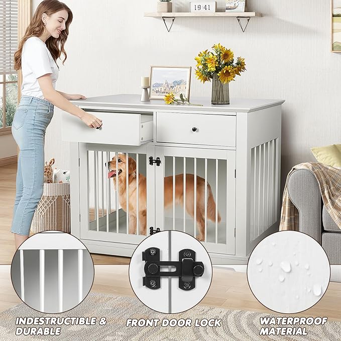 PUKAMI 44inch Large Dog Crate Furniture with Drawers, Wooden Dog Kennel Furniture for Indoor use, White End Table Dog House, for Small/Medium/Large Dog