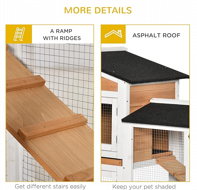 PawHut 62" Rabbit Hutch, Wooden Bunny Hutch, Guinea Pig Cage, Small Animal Enclosure with Wheels, Run Area, Removable Tray, Asphalt Roof, Lockable Doors and Ramp, for Rabbits, Chickens, Ducks, Nature