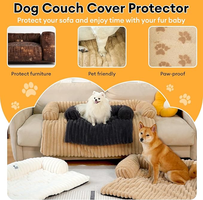 FUNNY FUZZY Pet Couch Cover for Sofa, Calming Dog Bed for Couch, Fluffy Plush Cat Bed Mat for Furniture Protector for Small Dogs and Kitten, 27×24 in, Khaki