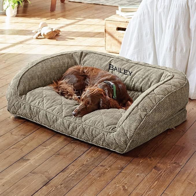 Orvis ComfortFill-Eco Bolster Dog Bed - Plush Rectangular Dog Beds with Three-Sided Bolster for Leaning, Charcoal Chevron - M