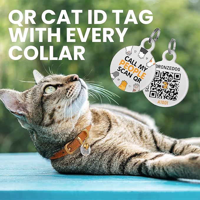 BRONZEDOG Leather Cat Collar with Removable Bells Non Breakaway Kitten QR Tag for Girl Boy (7" - 9" for Cats, Purple & Gold) (Pack of 2)