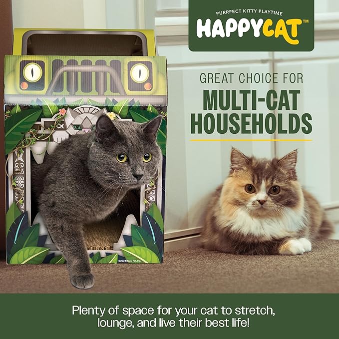 HappyCat Safari Truck Cat Scratcher House - Adventure-Themed Cardboard Cat Playhouse with Scratch Panels & Interior Space - Jungle Truck Theme Cat Activity Center