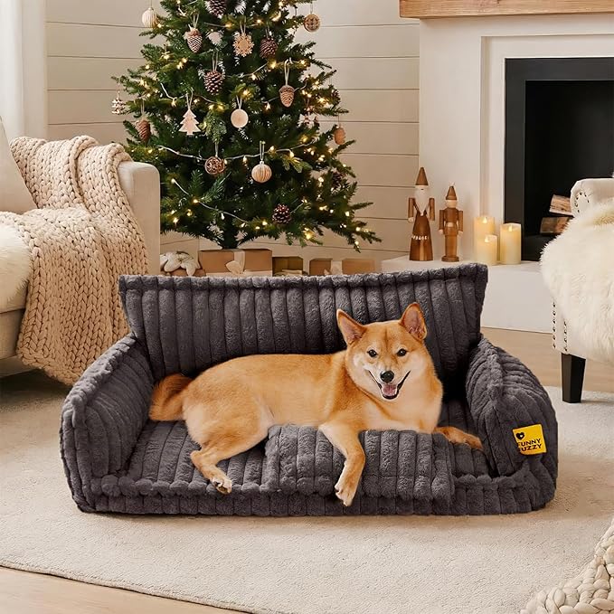 FUNNY FUZZY Dog Bed Orthopedic & Fluffy Dog Couch Bed, Corduroy Fleece Pet Beds Washable, Supportive Foam Pet Sofa Bed with Removable Zipper Cover - Snoozy Dream, Dark Grey, XL