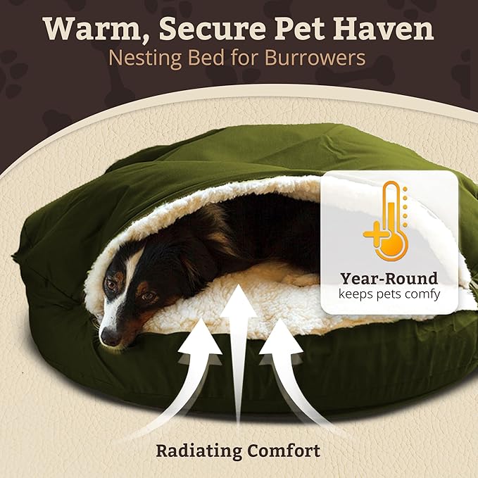 Snoozer Cozy Cave Dog Bed - Indoor Dog Bed with Cover Cave, Covered Calming Burrow for Small & Medium Sized Pets with Blanket Attached, Enclosed, Removable Washable Cover - Large, Olive