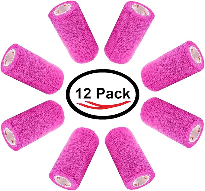 3 Inch Vet Wrap Tape Bulk (Fuchsia) (Pack of 12) Self Adhesive Adherent Adhering Flex Bandage Grip Roll for Dog Cat Pet Horse