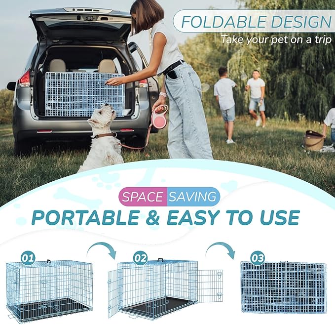 48 Inch Heavy Duty Dog Crate Double Door Folding Metal Dog Cage Dog Crates for Large Dogs Outdoor Indoor Includes Divider Panel and Leak-Proof Tray,Blue
