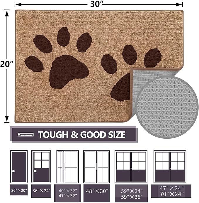 Buganda Dog Door Mat for Muddy Paws, Absorbent Dirt Trapper Washable Indoor Doormats, Non Slip Low-Profile Mud Mat for Dogs, Front Entrance Doormat for Inside Floor (70x24 Inches, Beige)