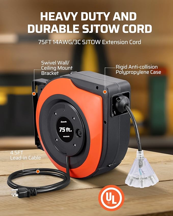 DEWENWILS Retractable Extension Cord Reel, 75 FT Heavy Duty Power Cord, 14/3C SJTOW Retractable Cord Reel, Lighted Triple Outlets, 10A Circuit Breaker, Wall/Ceiling Mount, UL Listed, Red