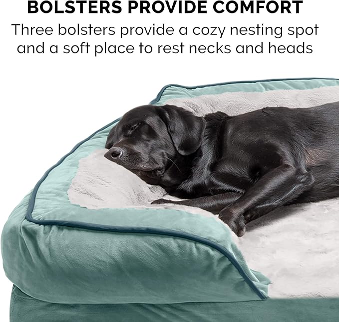 Furhaven Orthopedic Dog Bed for Large Dogs w/ Removable Bolsters & Washable Cover, For Dogs Up to 125 lbs - Plush & Velvet Waves Perfect Comfort Sofa - Celadon Green, Jumbo Plus/XXL