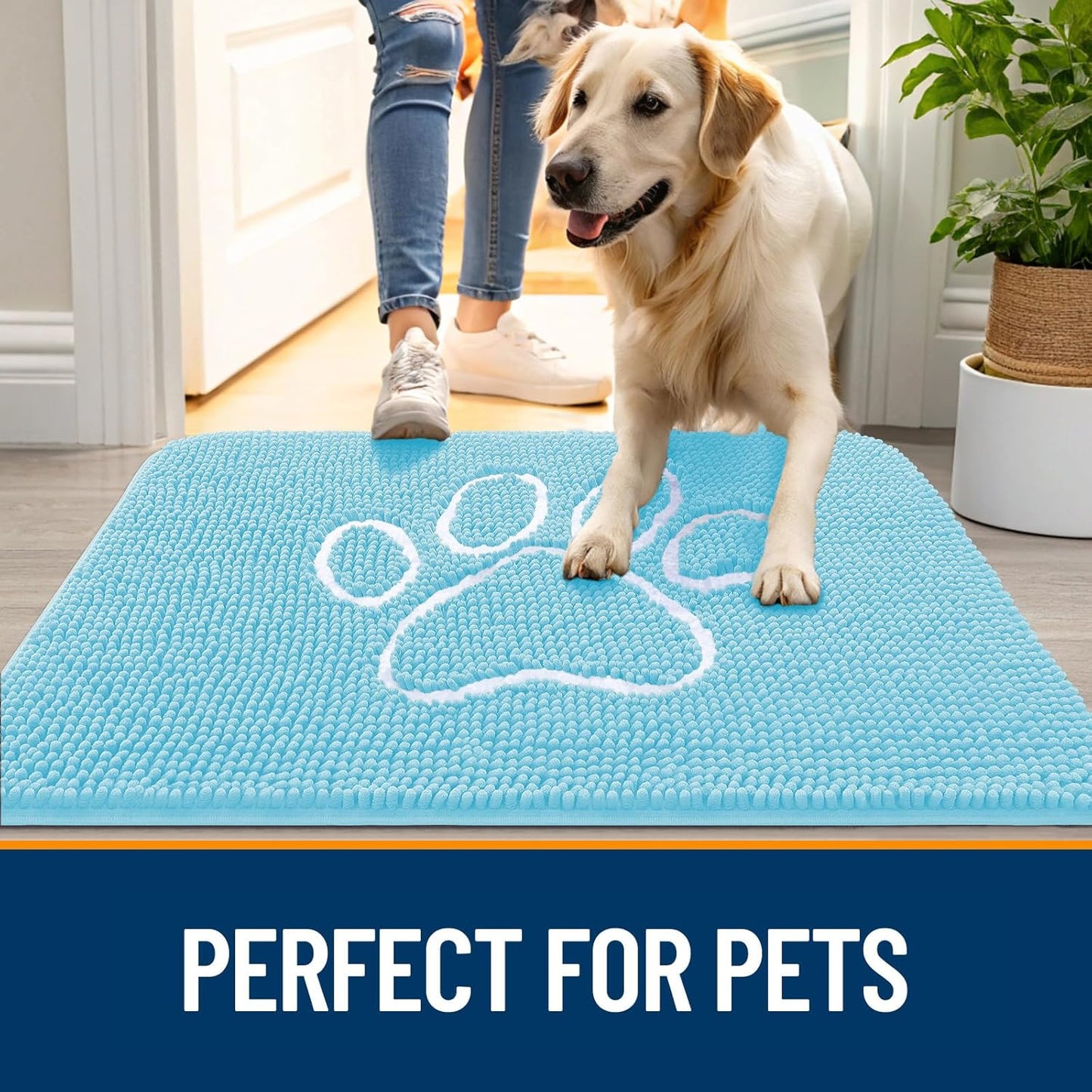 OLANLY Door Mat for Muddy Dog Paws 36x24, Ultra Absorbent Chenille Mud Doormat with Paw Print Design, Non-Slip Washable Doormat for Indoor Entryway, Quick-Dry Pet Bed Mats for Dirty Dogs, Blue