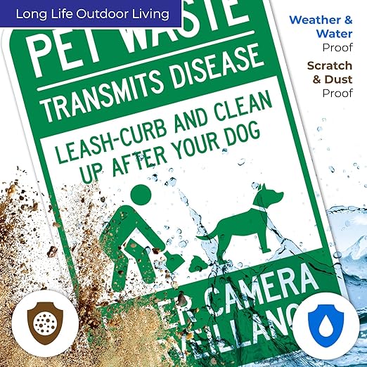 Pet Waste Leash-Curb and Clean Up After Your Dog Under Camera Surveillance Sign, 12x18 Inches, Rust Free .063 Aluminum, Fade Resistant, Made in USA