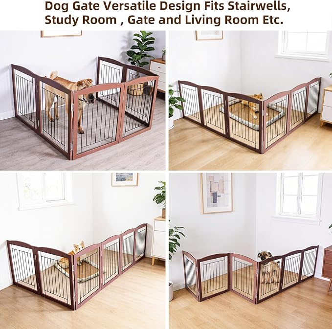 ZJSF Freestanding Foldable Dog Gate for House Extra Wide Wooden Brown Puppy Gate Stairs Dog Gates Doorways Tall Pet Gate 32 "Height 6 Panels Pet Fence