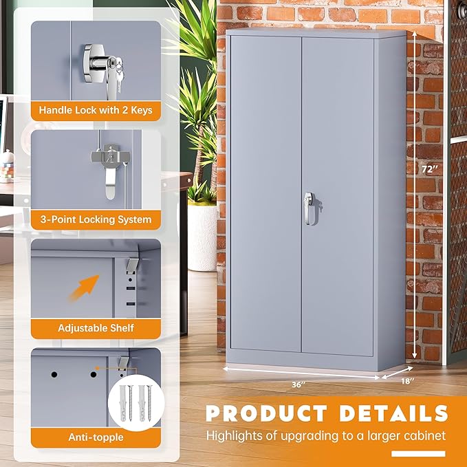 Greenvelly Metal Storage Cabinet with Doors and Adjustable Shelves,72" Locking Tool Steel Garage Cabinet, Utility Metal Filing Storage with Lock for Home Office, Garage, School, Kitchen Dark Gray