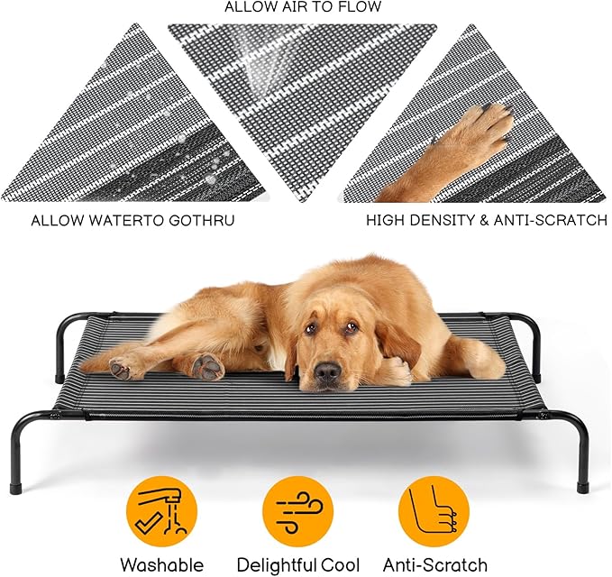 Elevated Dog Bed Raised Outdoor Dog Cot for Large Dogs, Raised Dog Hammock Cooling Bed, Frame with Washable Cooling Breathable Mesh Anti-Slip Feet, Indoor and Outdoor Pet Bed, 50 Inches Black