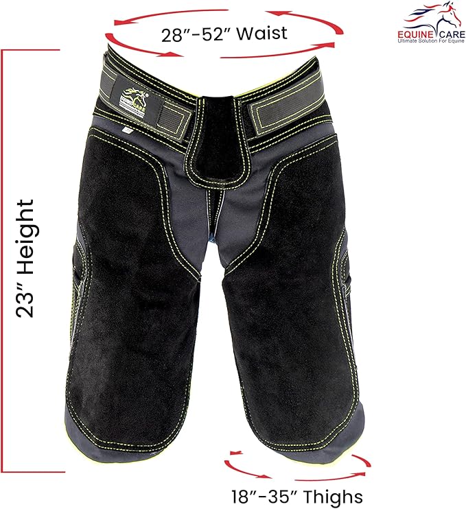 Equine Care Women’s Farrier Apron Chaps 23″ – Leather & Canvas, Adjustable 28–52″ Waist, EVA Padded Knees, Lumbar Support, 4 Knife Pockets & Nail Magnets for Hoof Trimming (Black with Green Piping)