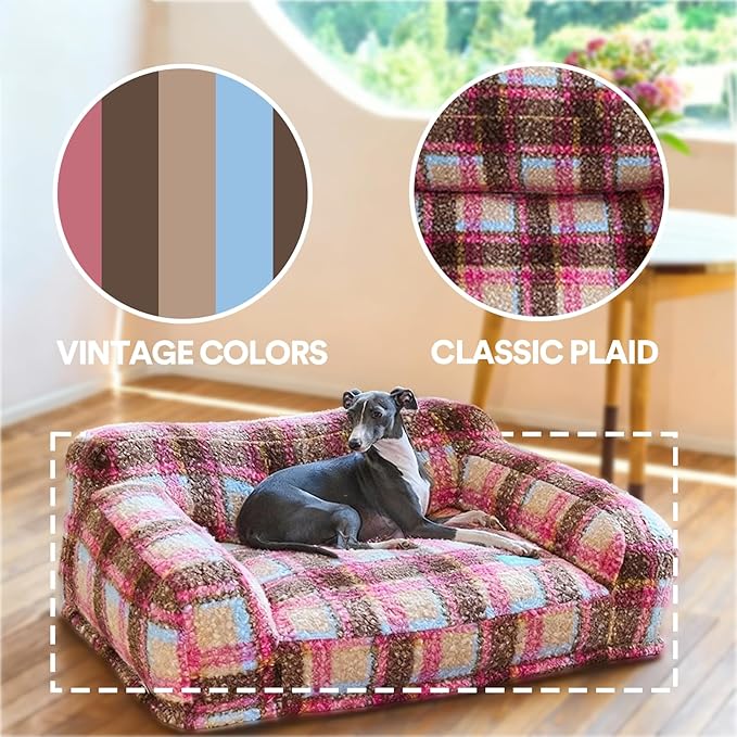 ZEZE Vintage Furniture Style Sofa Pet Bed - Washable Plush Dog & Cat Couch, Retro Style Pet Furniture, Soft Cozy Support for Pets (Large, Pink Plus)