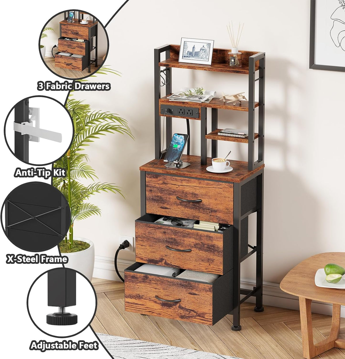 Furnulem Tall Nightstand, 45.3" Bedside Table & End Table, 3 Fabric Drawers