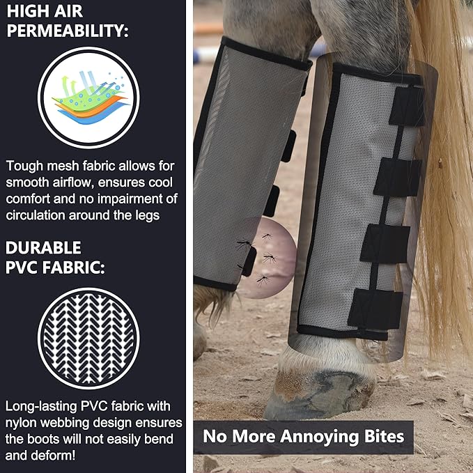 Horse Fly Boots Set of 4 - Non-Slip Leg Guards Extra Tough Mesh Ventilated, Adjustable Horse Fly Leggings Reduce Stomping & Hoof Stress & Leg Fatigue Grey Medium