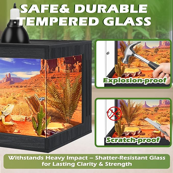 Royxen Bearded Dragon Tank, Tempered Glass Reptile Terrarium with Metal Mesh Top, 3-Side Clear Anti-Scratch Glass Lizard Tank for Reptile Habitat (Black, 82 Gallons,48" Length)