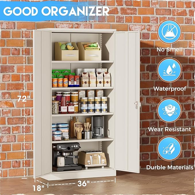 Greenvelly Garage Storage Cabinet,72" Metal Cabinet with 2 Doors and 4 Shelves,Steel File Cabinet for Home Office, Garage, Classroom（Grey 36" X 18"）