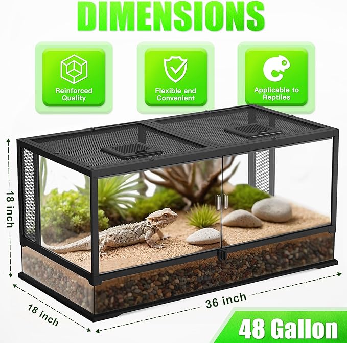 36’’18’’18’’ Reptile Terrarium with Full View Tempered Glass, 48 Gallon Reptiles Habitat Comes with Feeding Port and Mesh Top Vent, Suitable for Reptile Such as Bearded Dragon, Lizard and Snake