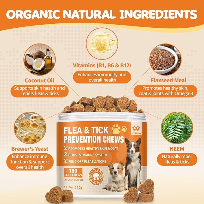 Flea and Tick Prevention for Dogs Chewables - Natural Dog Flea and Tick Treatment Chewable - Oral Flea Supplement for Dogs - Puppy Flea Support - All Breeds & Ages - 180 Soft Chews