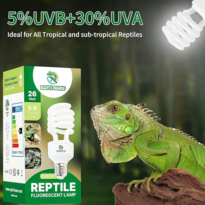 UVB Reptile Light 5.0, 26W Tropical and Sub-Tropical UVA UVB Bulb for Reptiles, Tropical Terrarium Compact Fluorescent Lamp, Reptile UVB Light Bulb for Chameleons, Iguanas, and Turtles