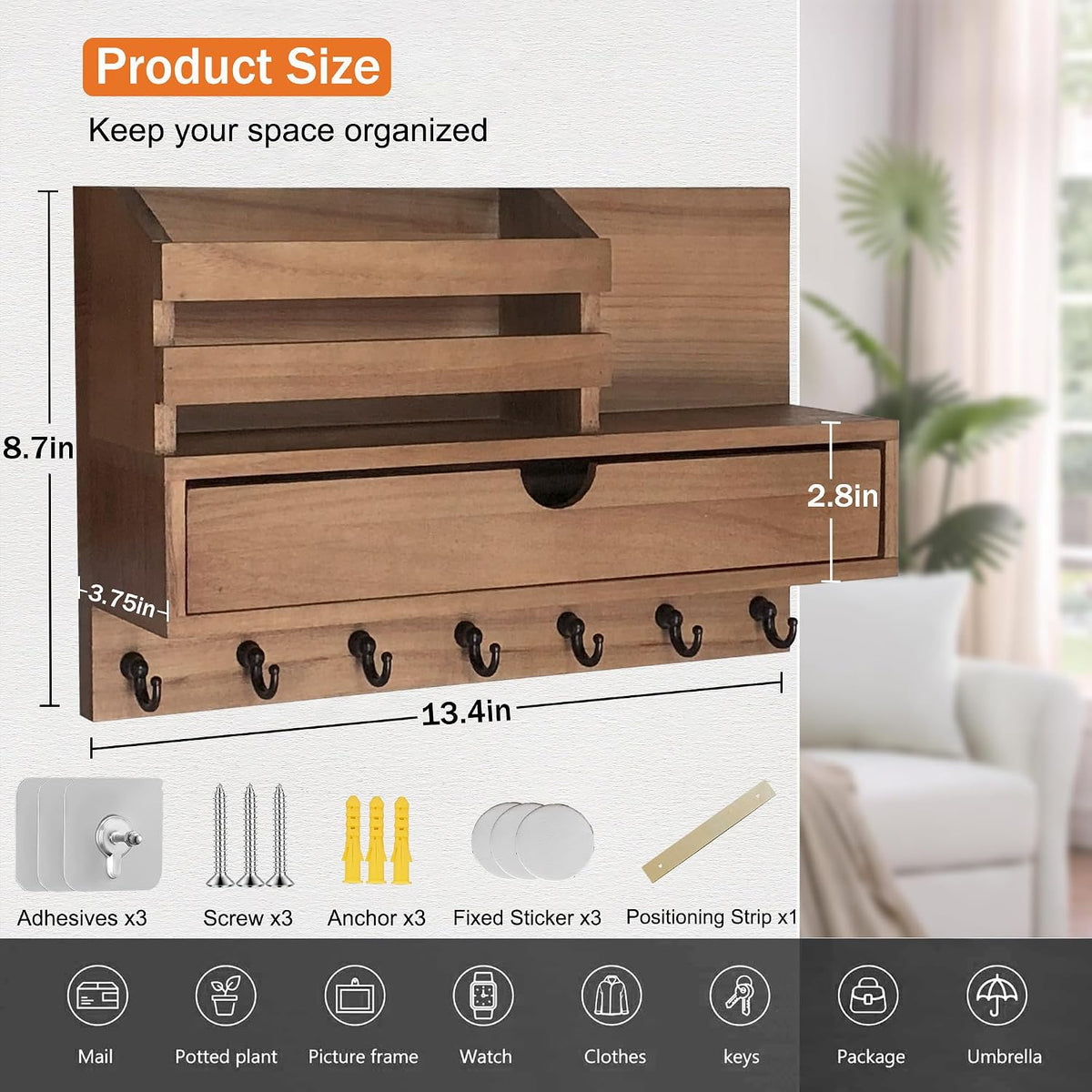 Key Holder Wall Mount, Mail Organizer with 7 Hooks and Storage Drawer