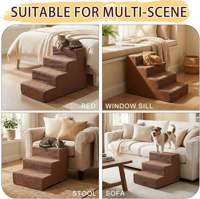 2 Pcs Dog Stairs 3-Step Dog Stairs for Bed Couch Sofa 13.5" H Pet Steps for Puppy Small Dogs Cat Puppy Small Medium Dogs (Brown, 3-Stairs 13.5" H)