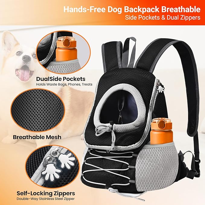 Dog Carrier Backpack for Small Dogs｜Pet Travel Shoulders Bag - Puppy Holder for Chest-Front Dog Baby Carring Ventilated for Hiking & Camping, Black Grey, M