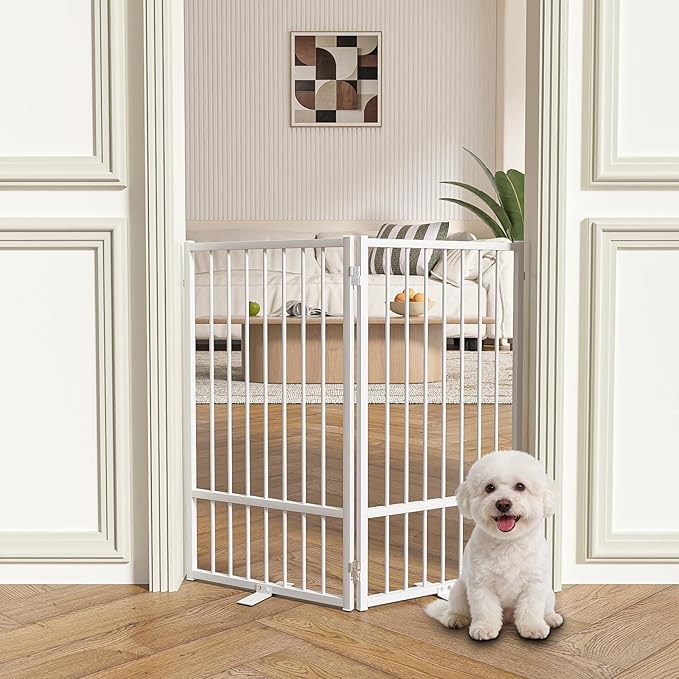 Full Metal Freestanding Dog Gate with Door, 36''Height Foldable Pet Dog Fence for Indoor & Outdoor, 2 Panels Extra Wide Free Standing TallDog Gates for Doorways,House,Stairs,Porch,Deck,Yard