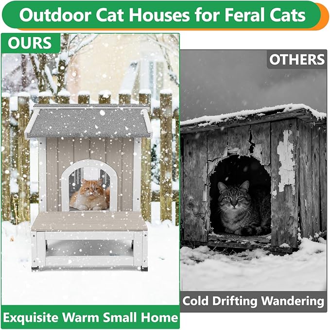 PetsCosset Outdoor Cat House Weatherproof with Balcony Feral Cat Shelter for Outside, Wooden Pet House with Openable Roof, Raised Base, Escape Door