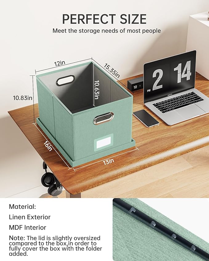 2 Pack File Storage Organizer, Filing Box, Portable File Box with Lid, Fit for Letter/Legal File Folder Storage, Document Organizer, Green