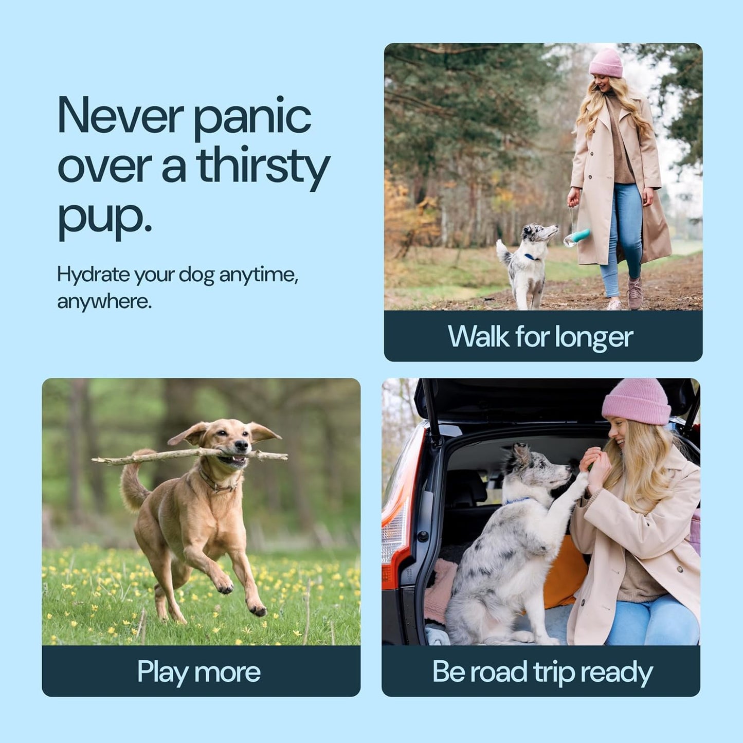 MalsiPree Portable Dog Water Bottle - 19 Oz, Blue - Leak-Proof Water Bowl Dispenser with Lock for Hiking, Travel & On-The-Go
