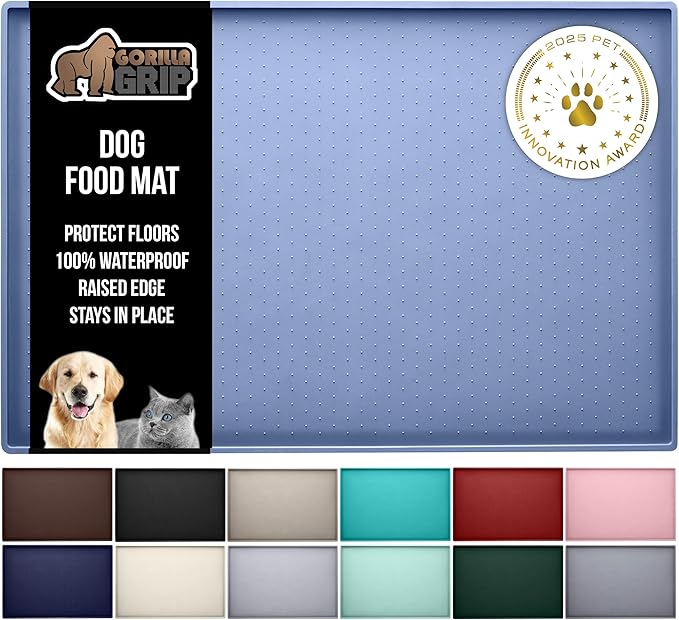 GORILLA GRIP 100% Waterproof Raised Edge BPA Free Silicone Pet Feeding Mat, Dog Cat Food Mats Contain Spills Protects Floors, Placemats for Cats and Dogs Water Bowl, Pets Accessories 32x24 Blue
