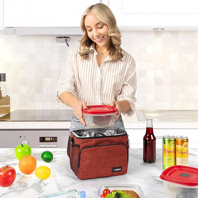 opux Insulated Lunch Bag for Men Women, Soft Lunch Box for Office Work School Picnic, Leakproof Lunch Cooler Bag with Shoulder Strap for Kid Adult Boy Girl, Medium Lunchbox Lunch Tote (Heather Red)