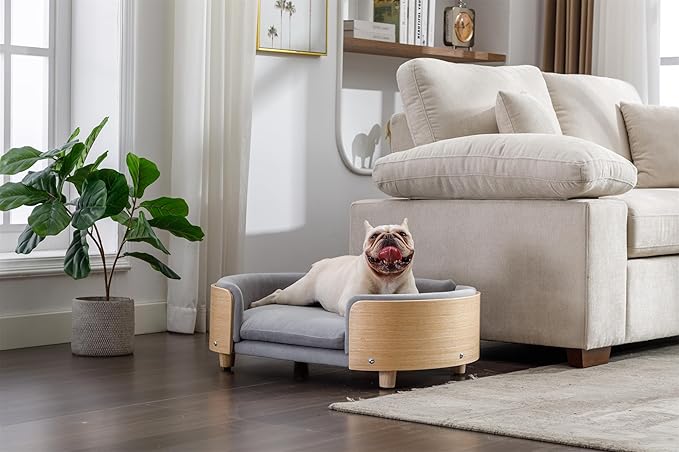 Dog Crate Furniture Elevated Dog Bed with Solid Wood Legs and Bent Wood Back, Mid Size Pet Sofa Kennel Indoor Cage House for Medium Dogs,LIGHTGREY