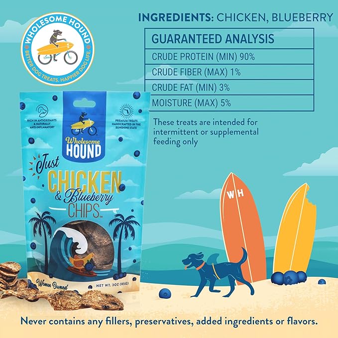 Chicken & Blueberry Chips – 2 Simple Ingredient Dog Treats, All Natural & Healthy Training Snacks for Small, Medium & Large Breeds, Puppies – High Protein, Made in US 3oz