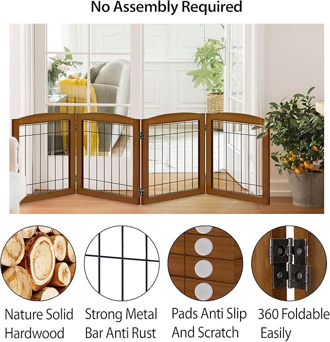 LZRS 4-Panel Extra-Wide Wooden Freestanding Dog Gate: Foldable Solid Wood and Steel Wire Chew Resistant Safety Barrier for Doorways, Stairs, and Large Open Spaces Indoor Use, Cherry